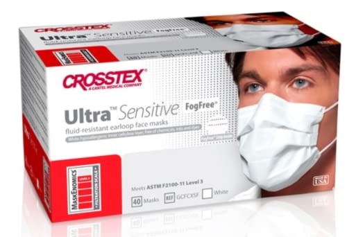 Crosstex Ultra FogFree Earloop Mask GCFCXSF - Procedure Mask, Anti-fog Strip, Fluid Resistant, Earloops, Pleated, NonSterile, ASTM Level 3, White, One Size Fits Most - Adult, Pack of 40