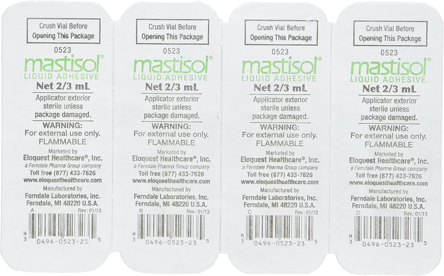 Ferndale Mastisol Liquid Adhesive 052348 - External Use, Latex-Free, Liquid, Vial -2/3 cc., Pack of 4