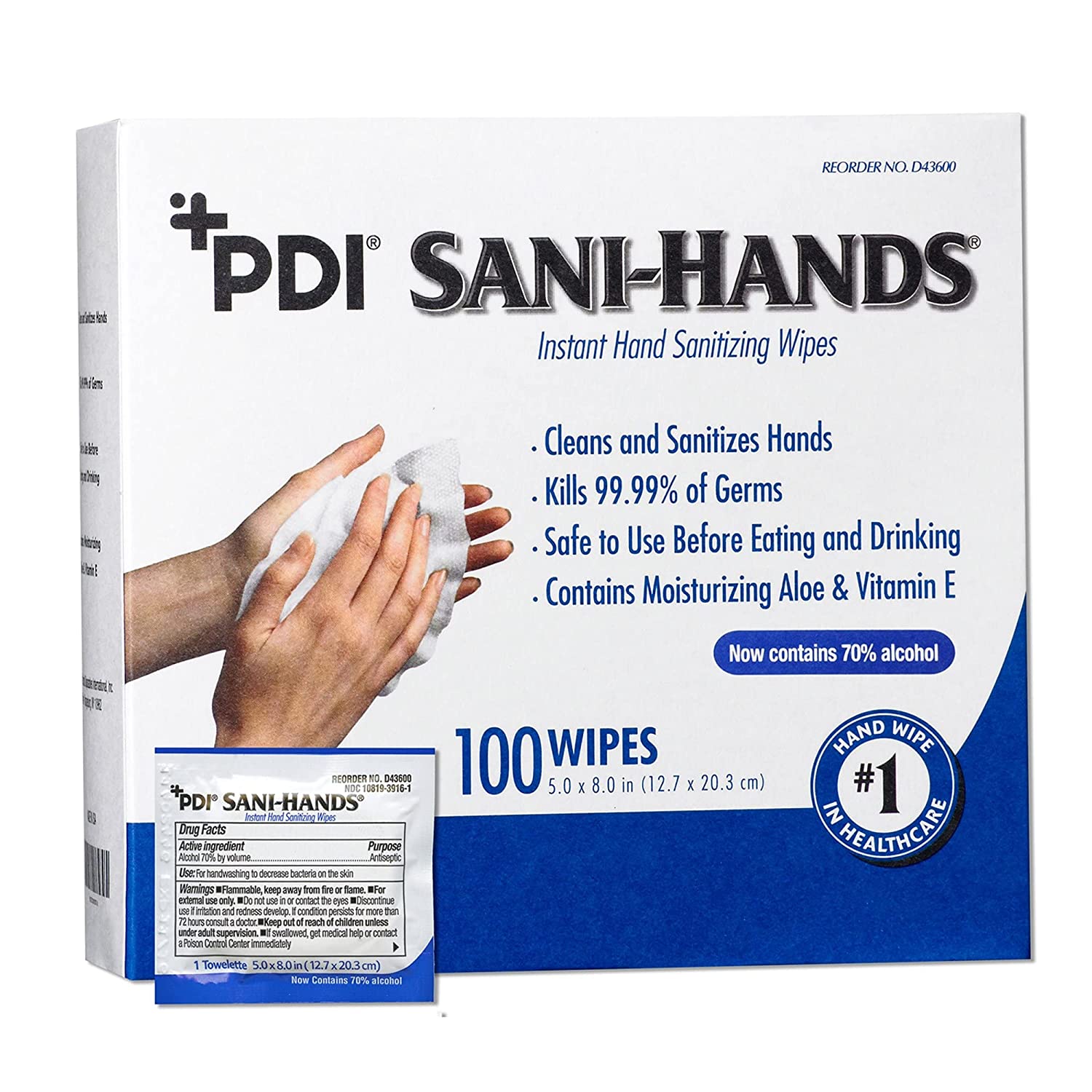 Professional Disposables Sani-Hands D43600 - Hand Sanitizing Wipes, 70% Strength Ethyl Alcohol,  Unscented, Individual Packet - 8" x 5.3", Pack of 100