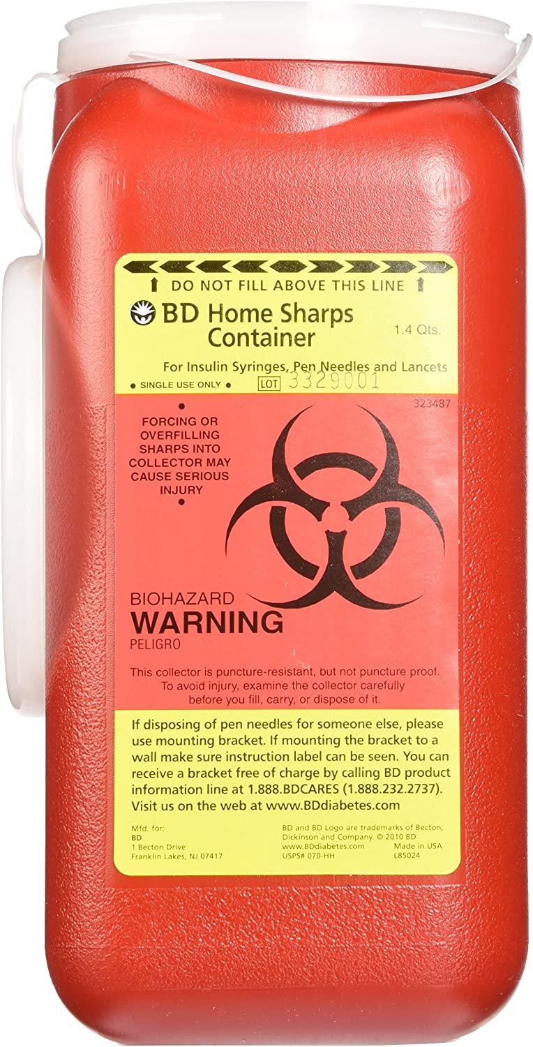 BD Home Sharps Disposal 323487 - Mailback Sharps Container, Red Base, White Lid, Phlebotomy Style, Non-Sterile, Vertical Entry, Tethered Snap-On Lid, Leak Proof - One Container
