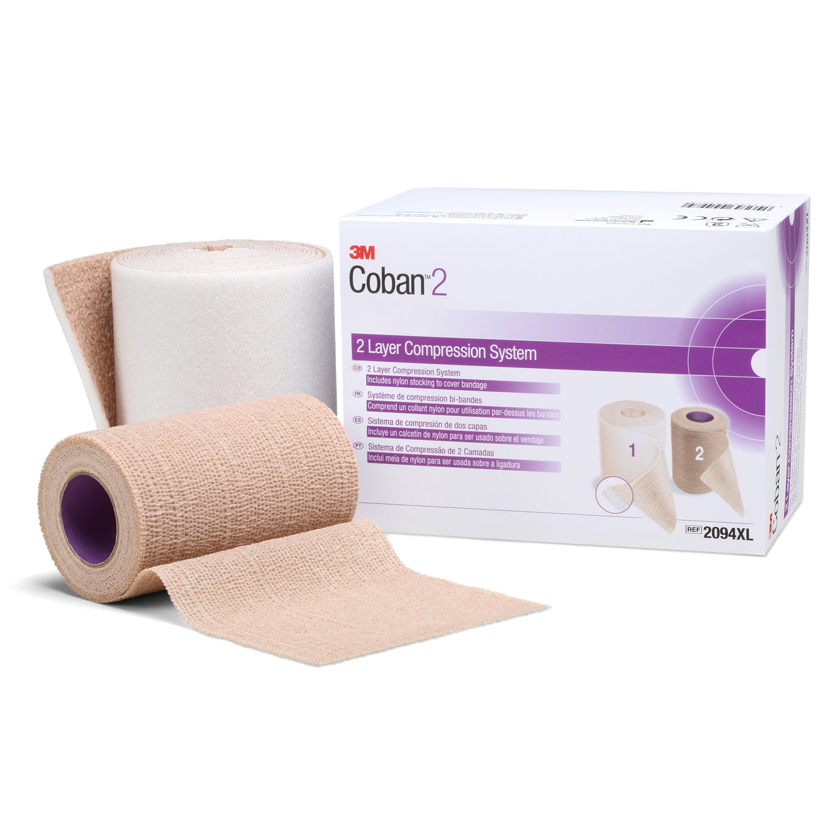 3M Coban 2 Two-Layer Compression Bandage System 2094XL - Self-Adherent / Pull On Closure, Tan / White, 35 to 40 mmhg - 4&quot; X 3 4/5 Yard / 4&quot; X 6 3/10 Yard Roll,Box of 8 / 1 Kit