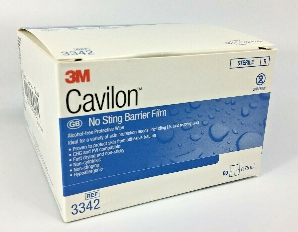 3M Cavilon No Sting Barrier Film 3342 - Fast Drying, Nonstick, Water-Resistant, Alcohol-Free, Hypoallergenic, Sterile - 75 ml Wipes, Box of 50