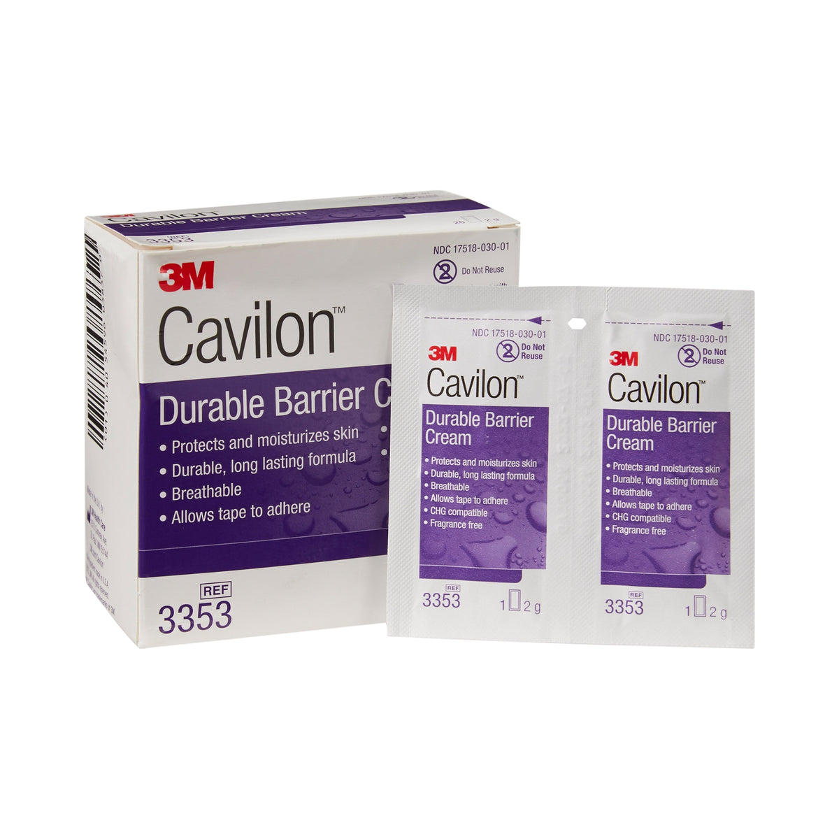 3M Cavilon Durable Barrier Cream 3353 - Skin Protectant, Unscented, Cream, CHG Compatible, Individual Packet - 0.5 oz., Box of 20