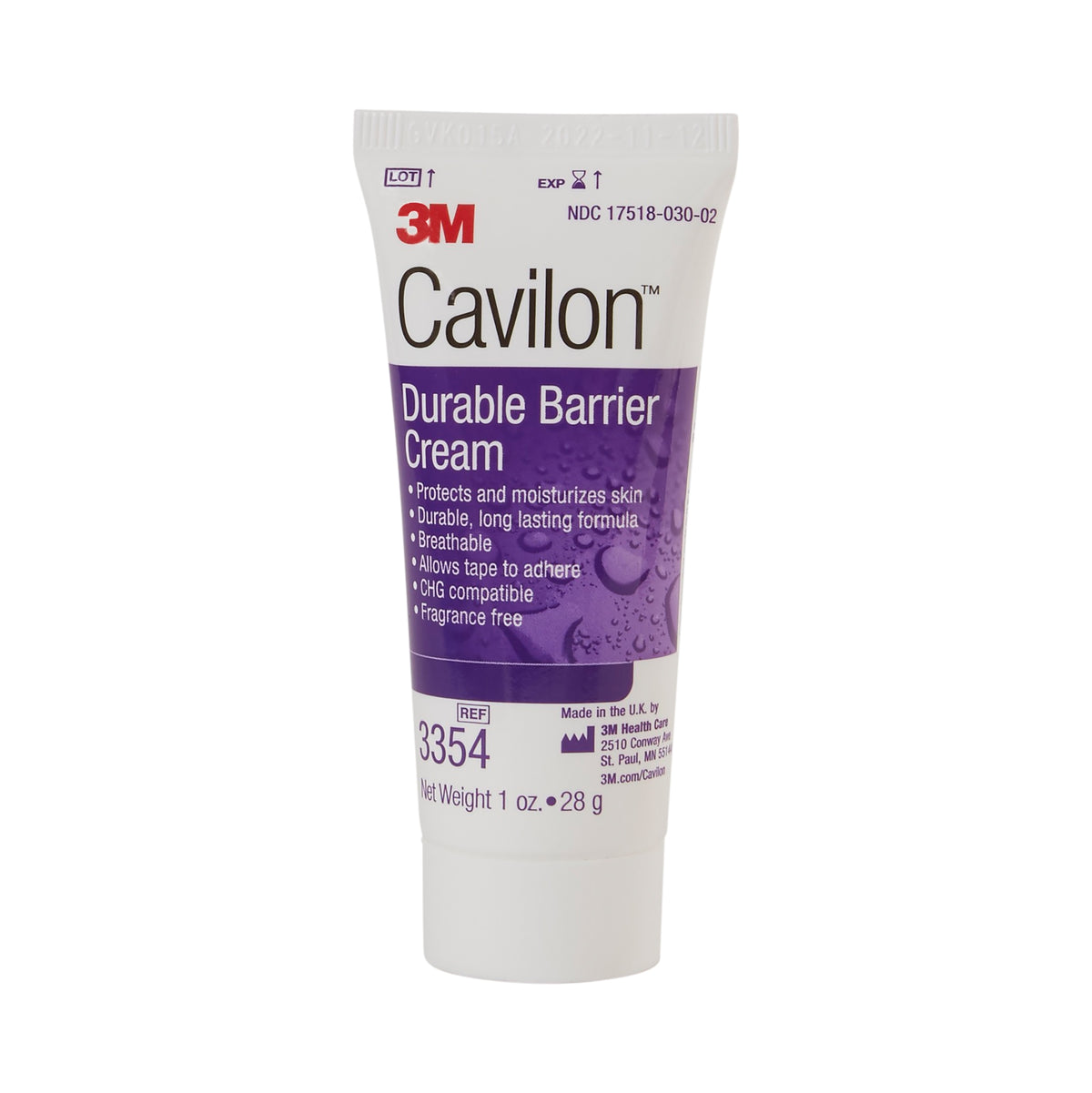 3M Cavilon Durable Barrier Cream 3354 - Skin Protectant, Unscented, Cream, CHG Compatible - 1 oz. Tube, Pack of 3
