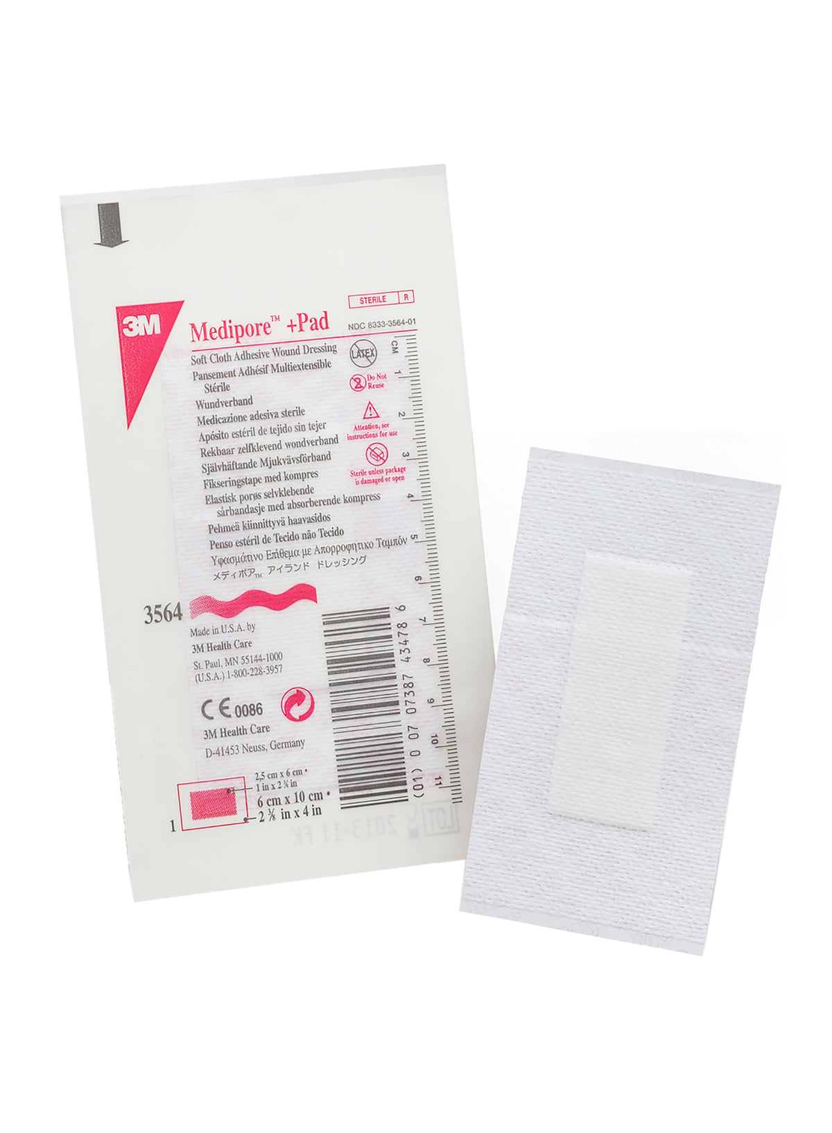 3M Medipore Adhesive Dressing 3564 - Soft Cloth, Sterile, Hypoallergenic, Rectangle, White - 2 3/8&quot; x 4&quot; Pad, Box of 50