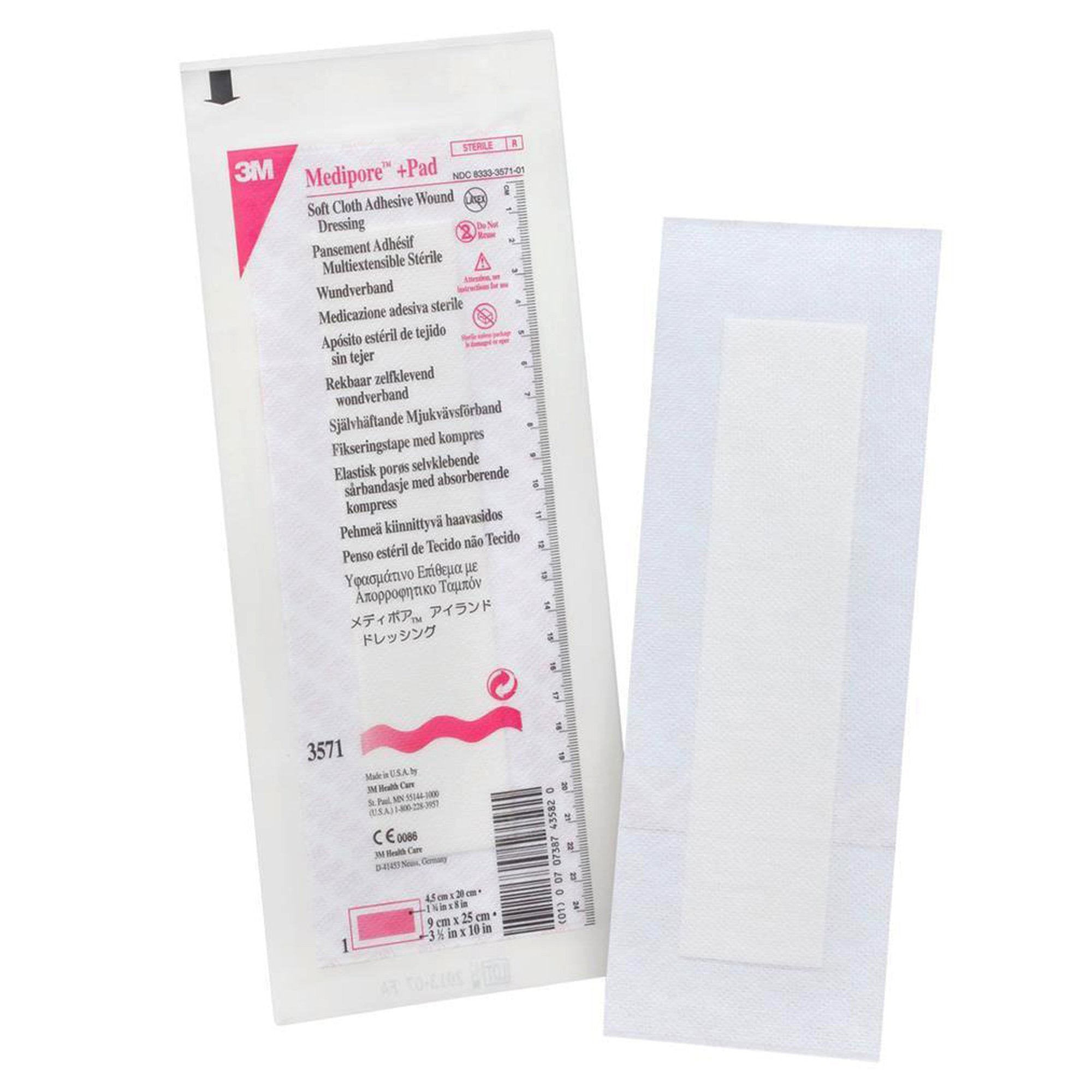 3M Medipore Adhesive Dressing 3571 - Soft Cloth, Sterile, Hypoallergenic, Rectangle, White - 3 1/2" x 10" Pad, Pack of 10