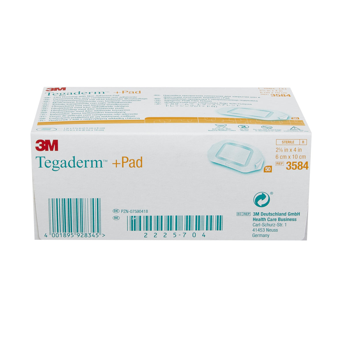 3M Tegaderm Transparent Film Dressing with Pad 3584 - Sterile, Latex Free, Frame Style Delivery, Rectangle - 2 3/8&quot; x 4&quot; Pad, Pack of 200