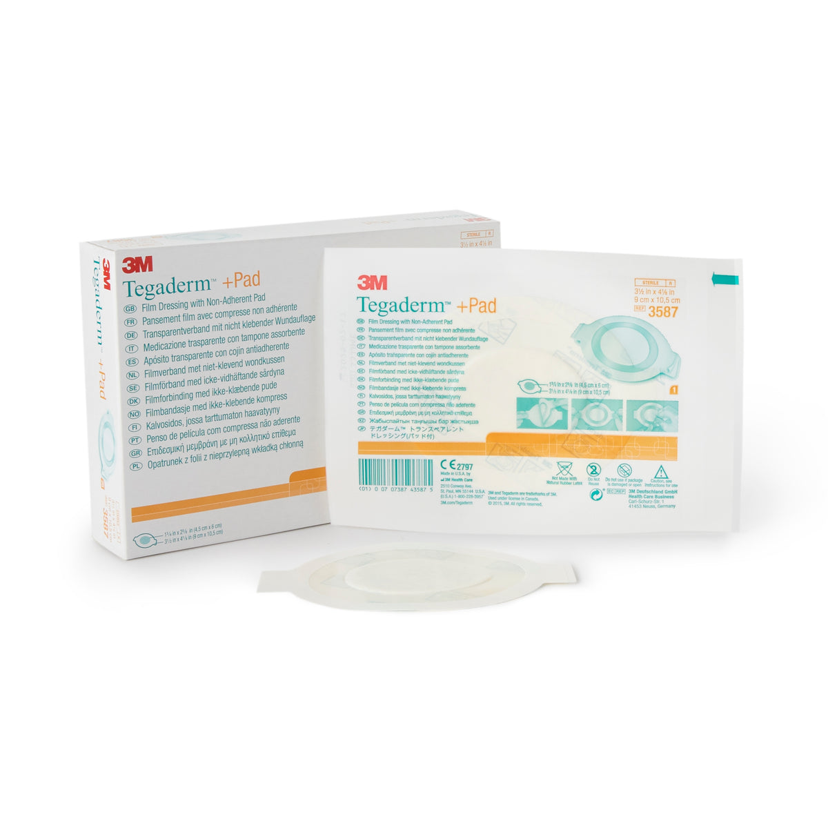 3M Tegaderm Transparent Film Dressing with Pad 3587 - Sterile, Latex Free, Frame Style Delivery, Rectangle - 3 1/2&quot; x 4&quot; Pad, Pack of 100