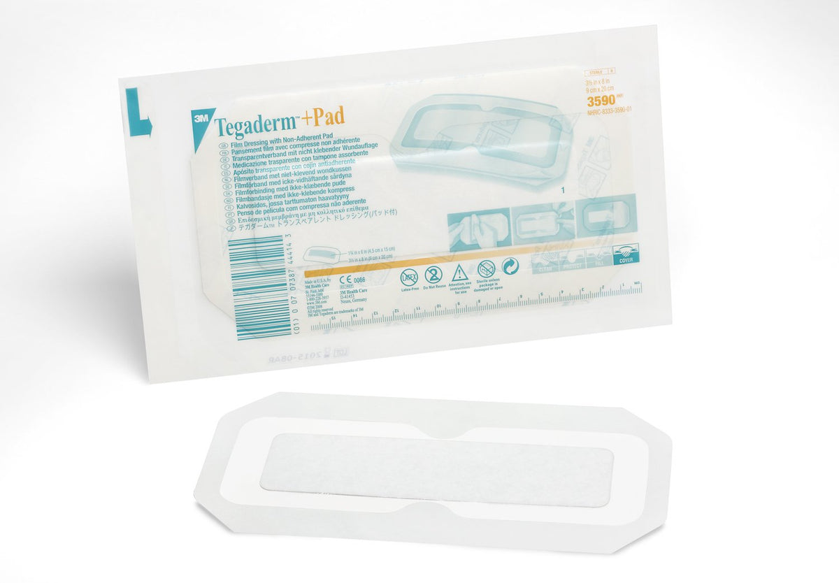 3M Tegaderm Transparent Film Dressing with Pad 3590 - Sterile, Latex Free, Frame Style Delivery, Rectangle - 3 1/2&quot; x 8&quot; Pad, Pack of 100