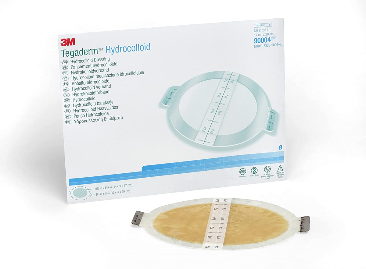 3M Tegaderm Hydrocolloid Dressing 90004 - Sterile, Water Resistant Film Backing, Latex Free, Beige, Oval - 6 3/4&quot; x 8&quot; Pad, Pack of 60