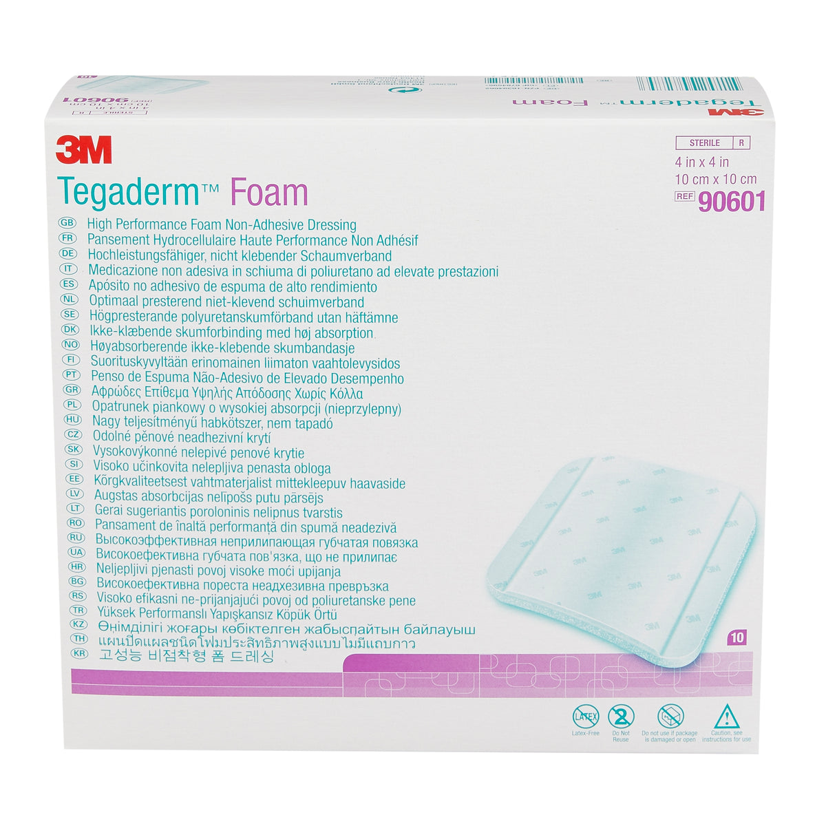 3M Tegaderm High Performance Foam Dressing 90601 - Non-Adhesive, Without Border, Tan, Square - 4&quot; x 4&quot; Pad, Box of 10