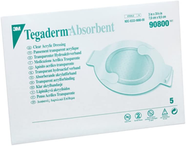 3M Tegaderm Absorbent Transparent Film Dressing 90800 - Absorbent, Sterile, Oval - 3&quot; x 3 3/4&quot; Pad, Pack of 5