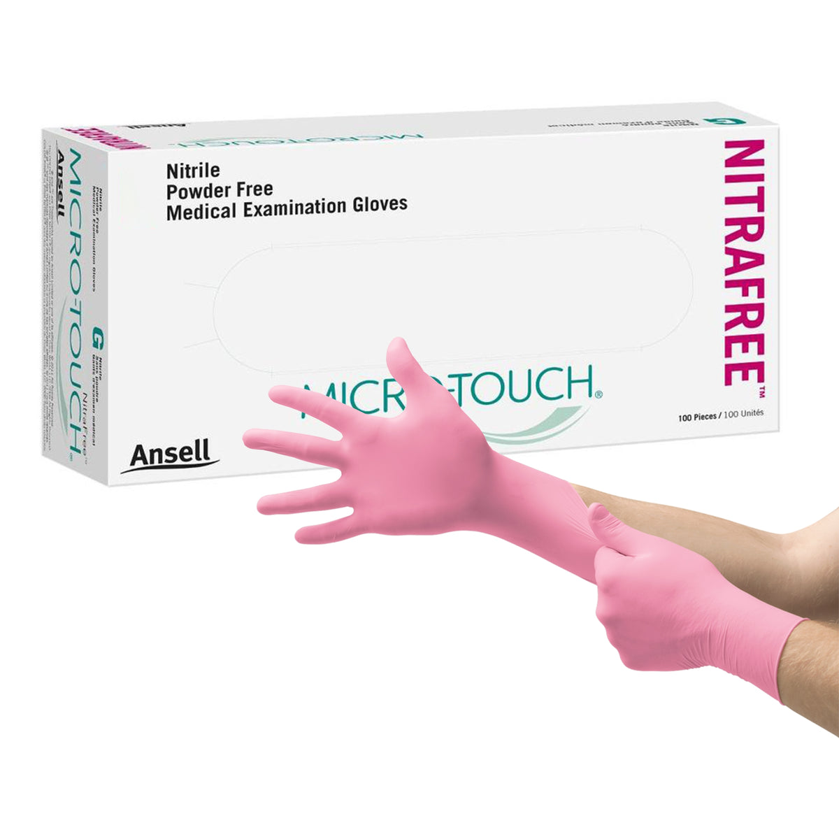 Ansell Micro-Touch NitraFree Exam Glove 6034513 - NonSterile, Nitrile, Standard Cuff Length, Textured Fingertips, Chemo Tested, Pink - Large, Box of 100