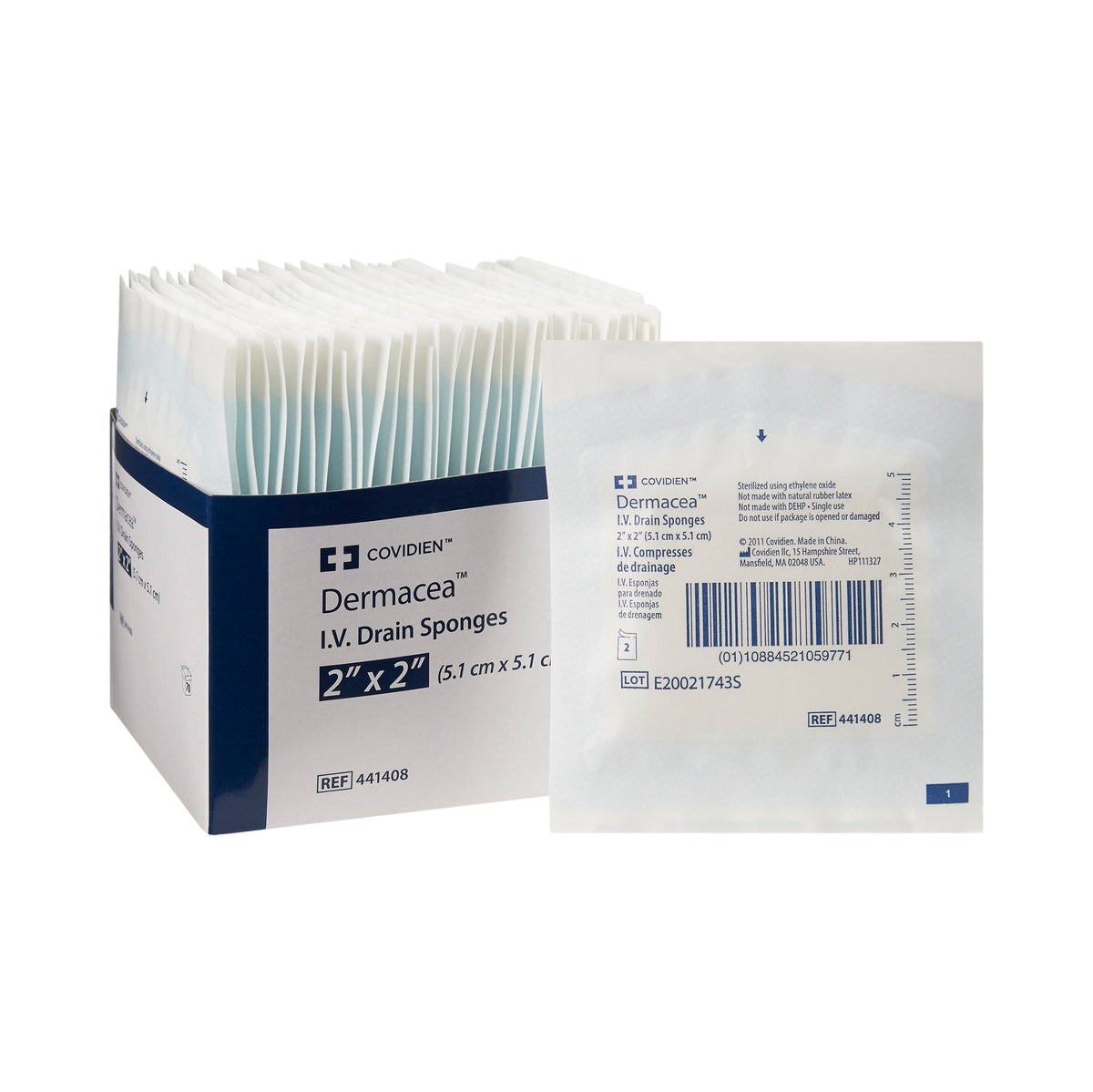 Cardinal Dermacea I.V. Sponge 441408 - Nonwoven, 6-Ply, Sterile - 2" x 2" Pad, Pack of 70
