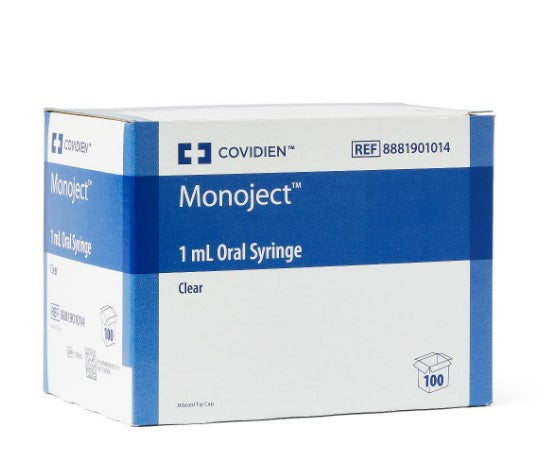 Cardinal Monoject Oral Medication Syringe 8881901014 - Oral Tip, Without Safety, Flat Top Style, Clear Barrel, Black Markings, Disposable - 1 ml, Pack of 100