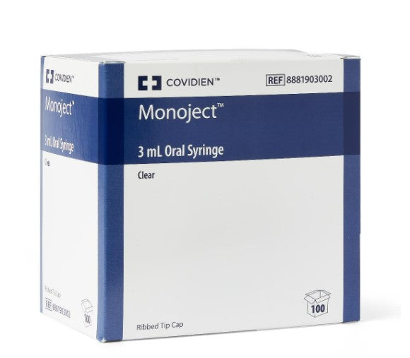 Cardinal Monoject Oral Medication Syringe 8881903002 - Oral Tip, Without Safety, Flat Top Style, Clear Barrel, Black Markings, Disposable - 3 ml, Pack of 100