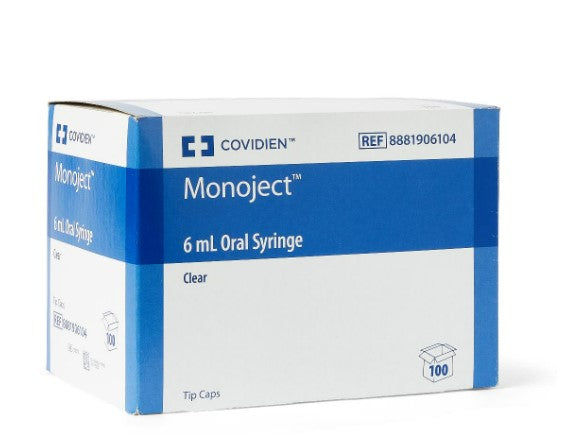 Cardinal Monoject Oral Medication Syringe 8881906104 - Oral Tip, Without Safety, Flat Top Style, Clear Barrel, Black Markings, Disposable - 6 ml, Pack of 100