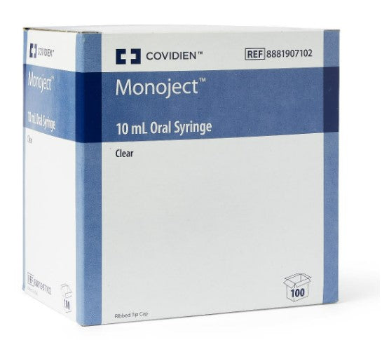 Cardinal Monoject Oral Medication Syringe 8881907102 - Oral Tip, Without Safety, Flat Top Style, Clear Barrel, Black Markings, Disposable - 10 ml, Pack of 100