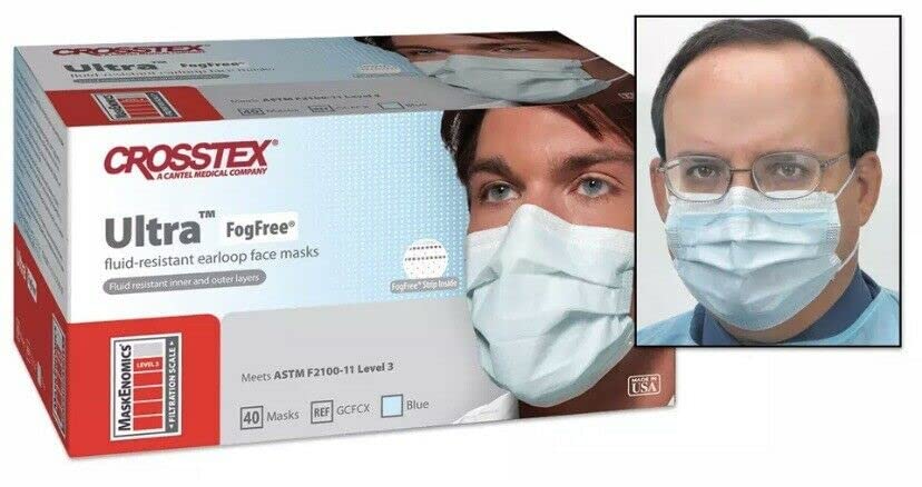 Crosstex Ultra FogFree Earloop Mask GCFCX - Procedure Mask, Fluid Resistant, Earloops, Pleated, NonSterile, ASTM Level 3, Blue, One Size Fits Most - Adult, Pack of 40