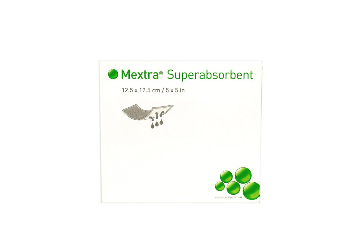Molnlycke Mextra Superabsorbent Super Absorbent Dressing 610000 - Water Repellent Film Backing, Without Border, Sterile, Square - 5&quot; x 5&quot;, Box of 10