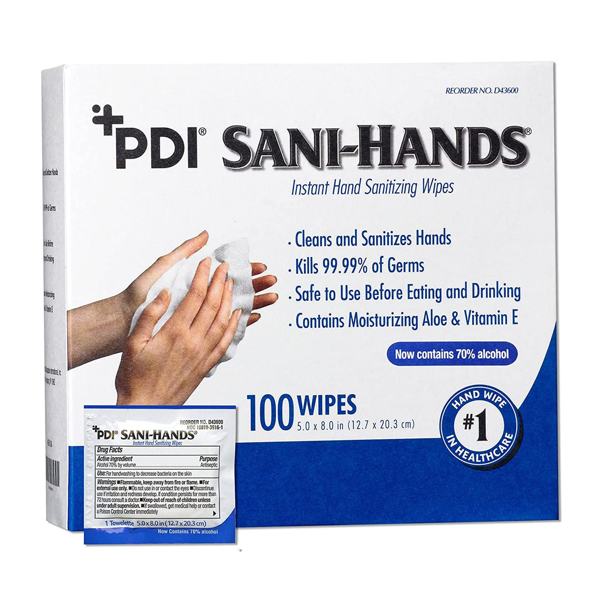 Professional Disposables Sani-Hands D43600 - Hand Sanitizing Wipes, 70% Strength Ethyl Alcohol,  Unscented, Individual Packet - 8&quot; x 5.3&quot;, Pack of 100