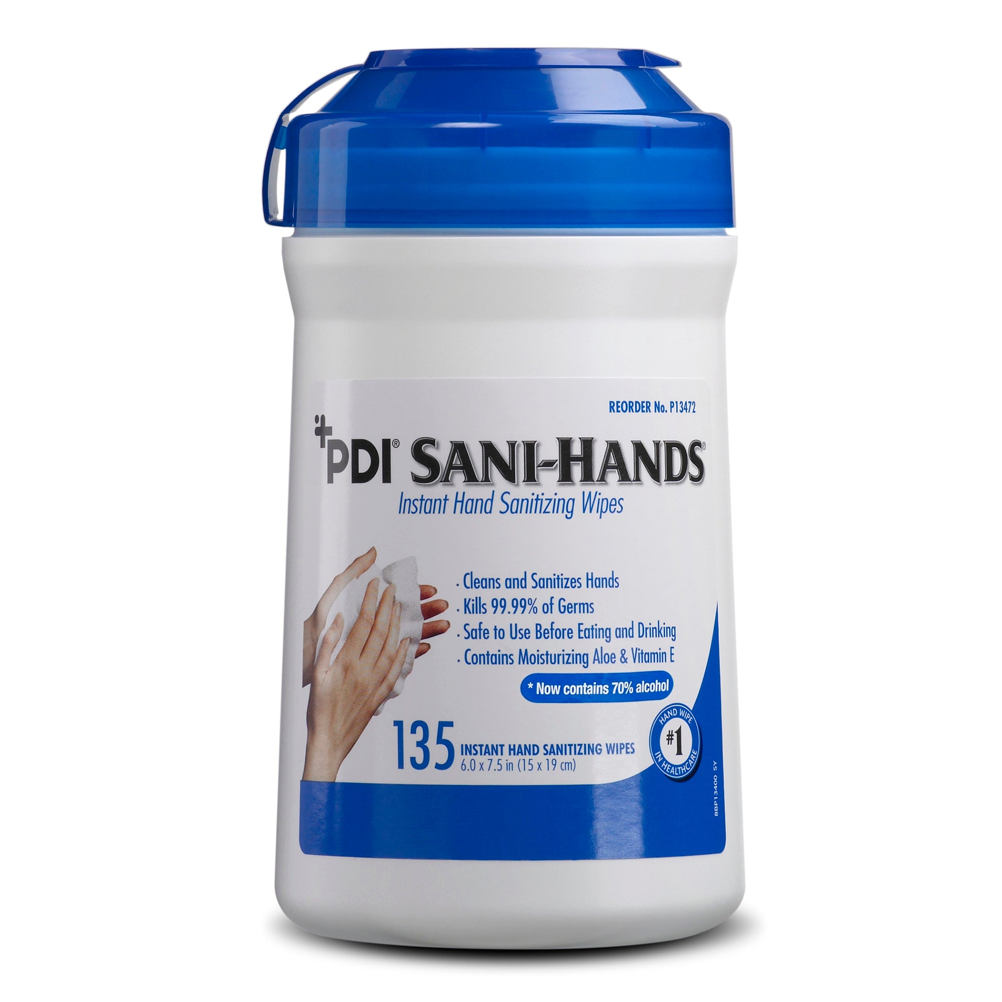 Professional Disposables Sani-Hands P13472 - Hand Sanitizing Wipe, 70% Strength Ethyl Alcohol,  Unscented, Canister - 6" x 7.5" Wipe, 135 Wipes Per Canister, One Canister