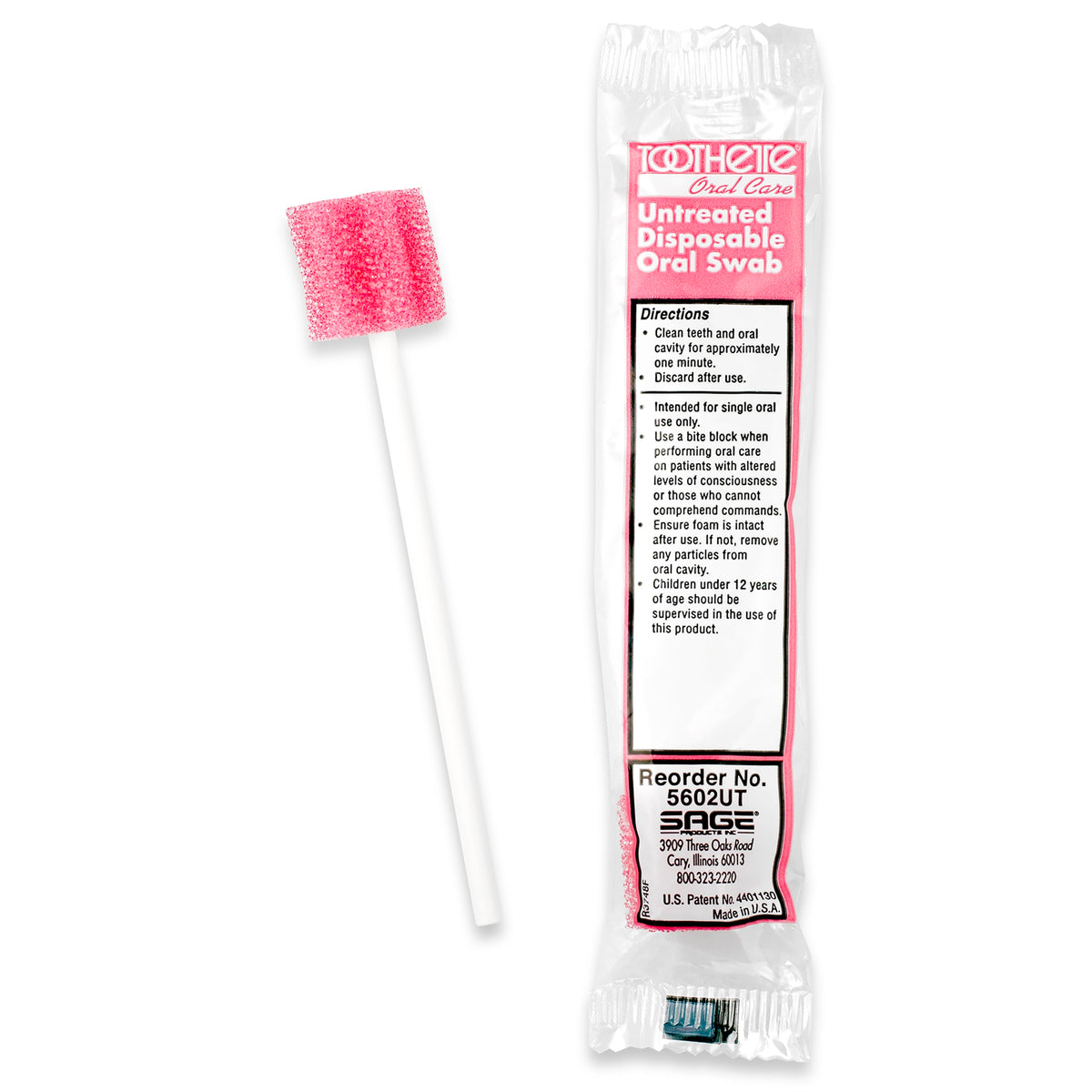 Sage Products Toothette Oral Swab 5602UT - Pink Foam Tip, Paper Shaft, NonSterile, Individually Wrapped -5 1/3&quot; Length, Pack of 250 Swabs