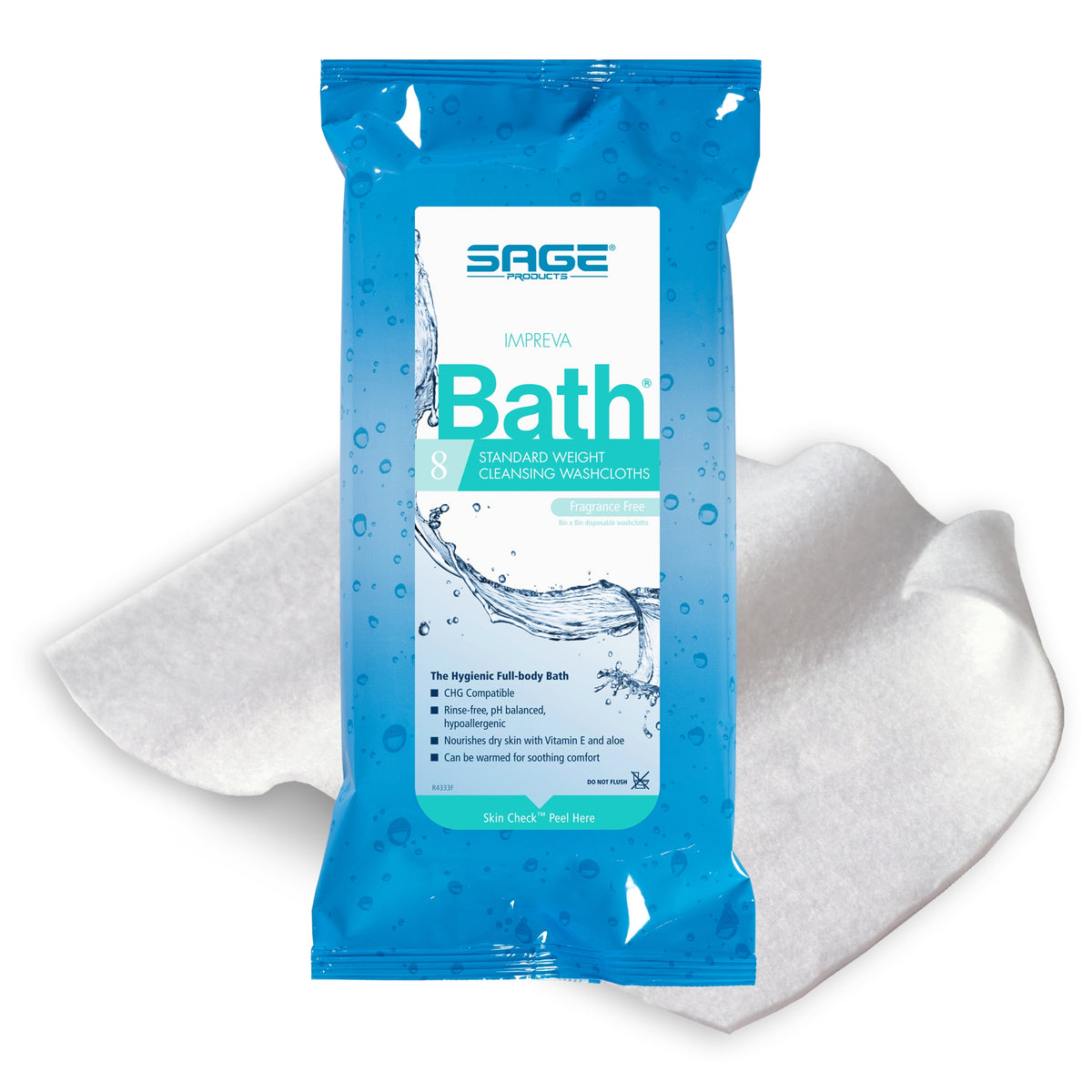 Sage Products Sage Bath Rinse-Free Bath Wipe 7989 - Unscented, NonSterile, Soft Pack - 8&quot; x 8&quot;, One Pack (8 Washcloths)