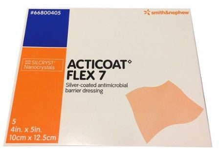 Smith & Nephew Acticoat Flex 7 Silver Barrier Dressing 66800405 - Non-Adhesive Without Border, Nanocrystalline Silver, Sterile, Gray, Rectangle - 4" x 5", Box of 5