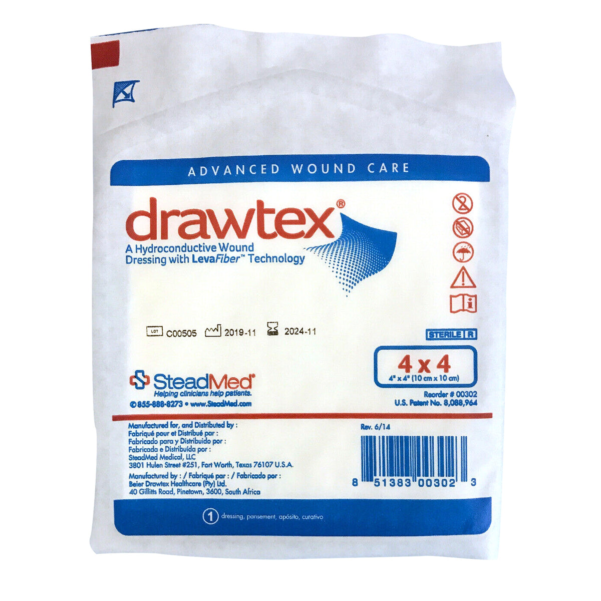 Urgo Medical Drawtex Hydroconductive Wound Dressing 00302 - Without Backing, Sterile, Nonadherent, With Levafiber, White, Square - 4&quot; x 4&quot;, 1 Dressing