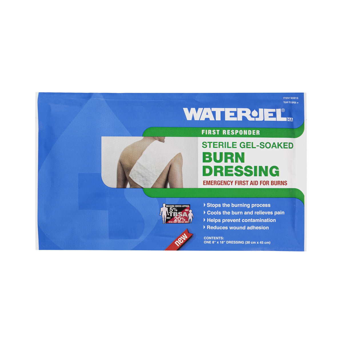 Water-Jel First Responder Hydrogel Burn Dressing B0818-20 - Impregnated, Rectangle Pad, Sterile - 8&quot; x 18&quot;, One Pack