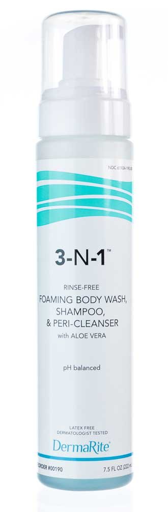Dermarite Industries Dermarite 3-N-1 00190 - Rinse-Free Body Wash, Shampoo &amp; Peri-Cleanser with Aloe Vera, Foaming, Mild Scent, Latex Free, Pump Bottle - 7.5 oz., One Bottle