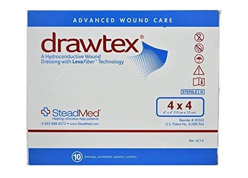 SteadMed Drawtex 00302 - Hydroconductive Wound Dressing, Leva Fiber, Sterile, White, Square - 4" x 4", Box of 10