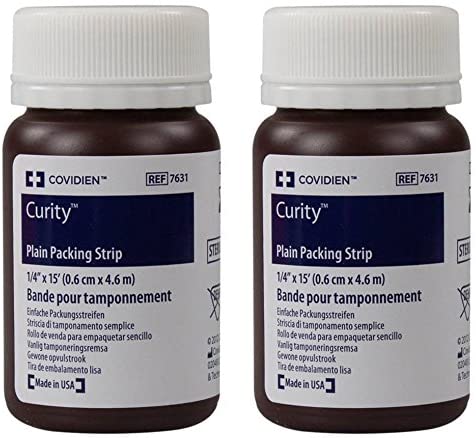 Covidien Cardinal Curity Plain Packing Strip 7631 - Wound Packing Strip, Cotton, Non-Impregnated, Sterile, Bottle Container - 1/4" x 5 Yard, Pack of 2