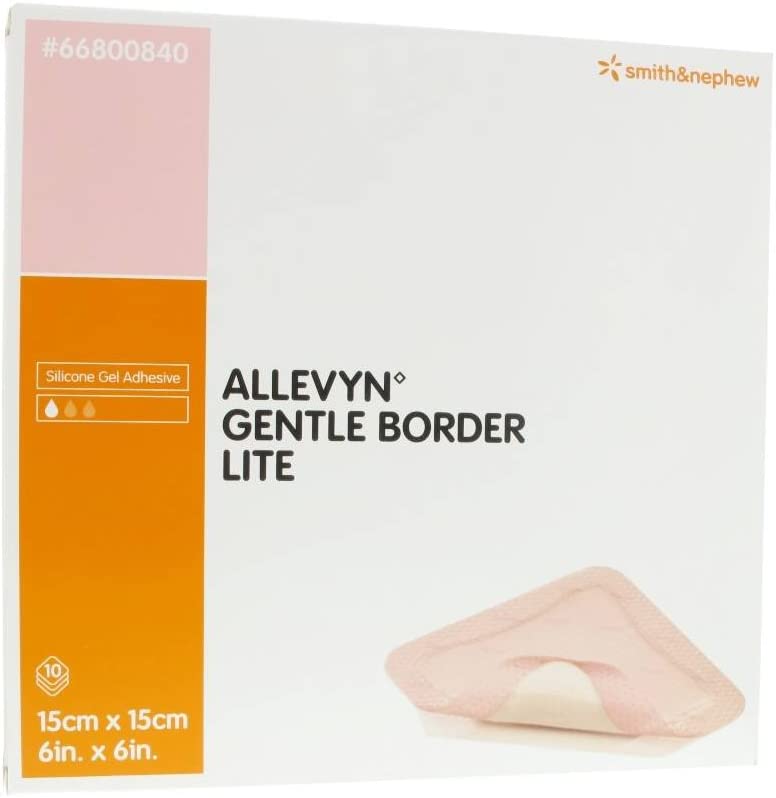 Smith &amp; Nephew Allevyn Gentle Border Lite 66800840 - Thin Silicone Foam Dressing, Silicone Gel Adhesive With Border, Film Backing, Sterile, Square, Pink - 6&quot; x 6&quot;, Box of 10