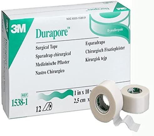 3M Durapore Surgical Tape 1538-1 - High-Strength, Hypoallergenic, Latex-free, White Silk-like Cloth Tape - 1" x 10 yards Roll, Box of 12