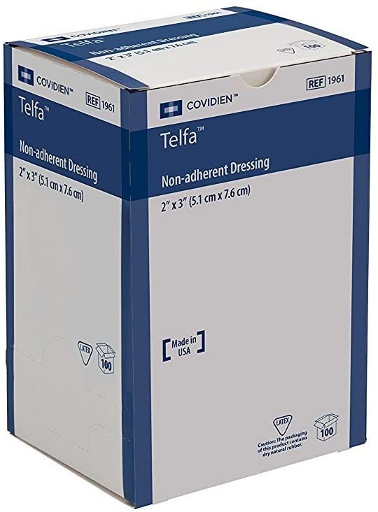 Covidien Cardinal Telfa Ouchless 1961 - Non-Adherent Dressing, Cotton, Sterile, Rectangle Shape, Without Border - 2" x 3", Box of 100