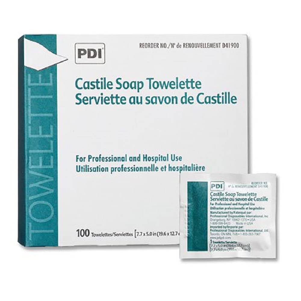 PDI Castille Soap D41900 - Personal Wipes, Individual Packet, Scented, NonSterile, 100 Count Per Box - 5&quot; x 7 11/16&quot;, One Box