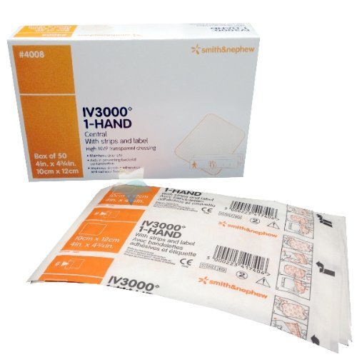 Smith &amp; Nephew IV3000 66024008 - I.V. Dressing, REATIC Film, 1-Hand Central, With Securing Method, Sterile - 4&quot; x 4 3/8&quot;, Box of 50