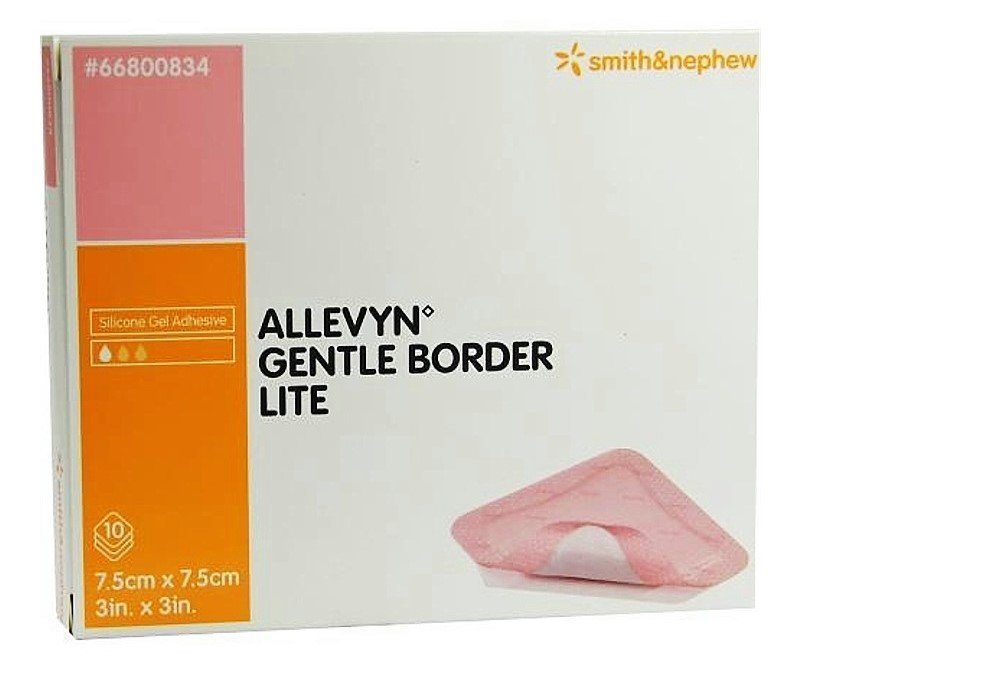 Smith &amp; Nephew Allevyn Gentle Border Lite 66800834 - Thin Silicone Foam Dressing, Silicone Gel Adhesive With Border, Film Backing, Sterile, Square, Pink - 3&quot; x 3&quot;, Box of 10