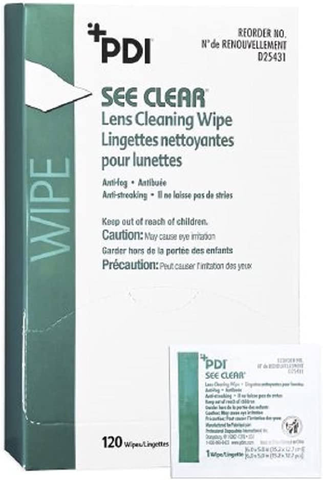 PDI See Clear D25431 - Lens Cleaning Wipes For Glass and Polycarbonate Lenses, Anti-Static, Anti-Fog, Anti-Streaking, 120 Wipes Per Box - 5&quot; x 6&quot;, One Box