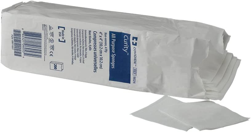 Covidien Cardinal Curity 9024 - All Purpose Nonwoven Sponge, Polyester / Rayon, 4-Ply, Non-Sterile, White, Square Shape - 4" x 4", Pack of 200