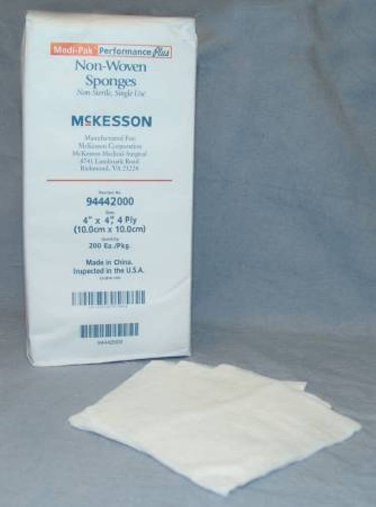 McKesson 94442000 - Nonwoven Sponge, Polyester / Rayon, 4-Ply, NonSterile, Latex-Free, White, Square Shape - 4" x 4", Pack of 200