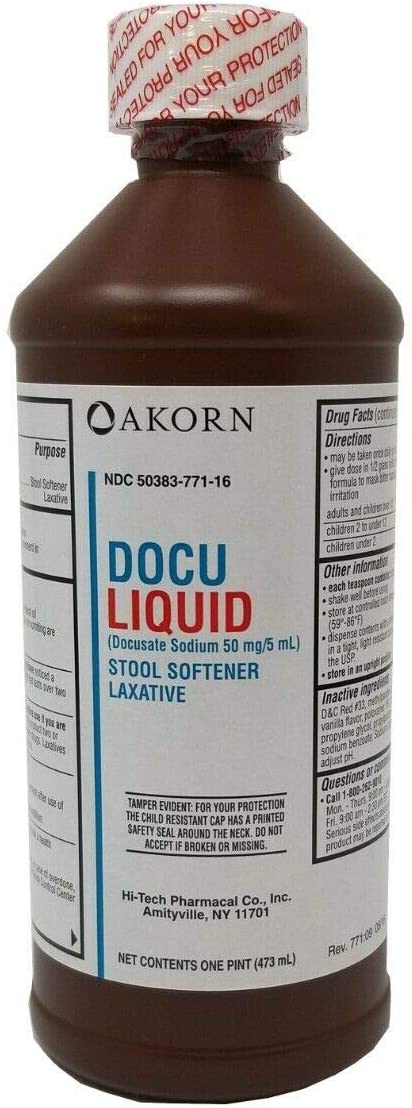 Akorn Docu Liquid 50383077116 - Docusate Sodium 50mg/5ml, Stool Softener Laxative - 473 ml, One Bottle