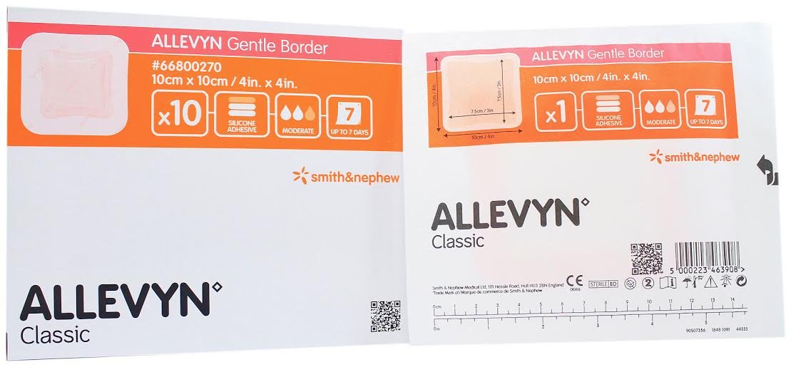 Smith &amp; Nephew Allevyn Gentle Border 66800270 - Silicone Foam Dressing, Film Backing, Silicone Gel Adhesive With Border, Sterile, Square, Pink - 4&quot; x 4&quot;, Box of 10