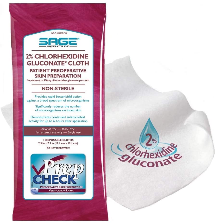 Sage 9705 - Rinse-Free Skin Prep Wipe, 2% CHG (Chlorhexidine Gluconate), NonSterile, 2 Wipes Per Soft Pack - 7 1/2" x 7 1/2", One Pack