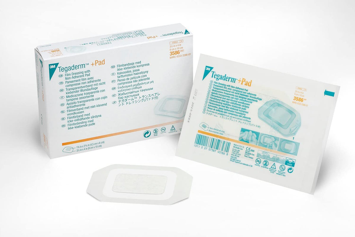 3M Tegaderm +Pad 3586 - Film Dressing with Non-Adherent Pad, Semi-Permeable, Sterile, Waterproof, Hypoallergenic, Latex-free - Dressing Size 3 1/2" x 4", Pad Size 1 3/4" x 2 3/8", Box of 25