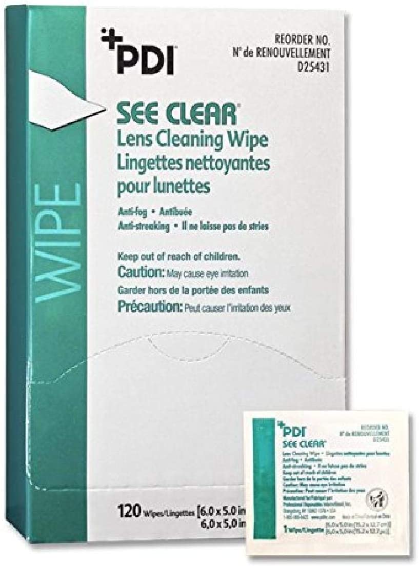PDI See Clear D25431 - Lens Cleaning Wipes For Glass and Polycarbonate Lenses, Anti-Static, Anti-Fog, Anti-Streaking, 120 Wipes Per Box - 5&quot; x 6&quot;, One Box