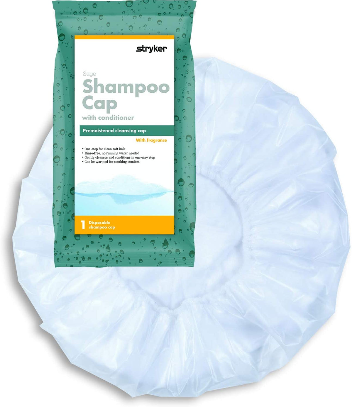 Sage Comfort 7909 - Rinse-Free Shampoo Cap With Conditioner, Premoistened Cleansing Cap, Powder Scent, Hypoallergenic, One Cap Per Individual Packet - One Pack