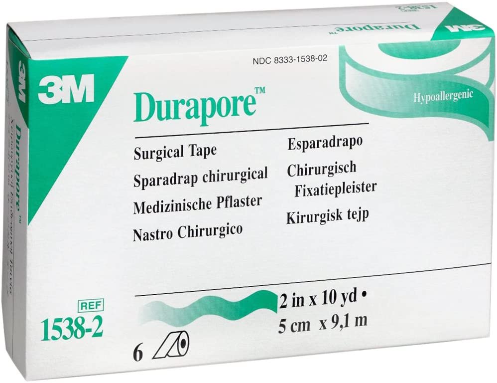 3M Durapore Surgical Tape 1538-2 - High-Strength, Hypoallergenic, Latex-free, White Silk-like Cloth Tape - 2" x 10 yards Roll, Box of 6